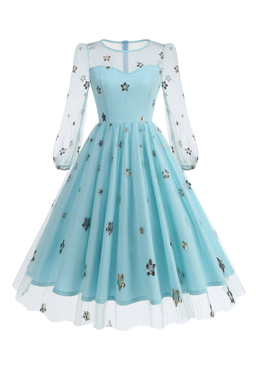 Vestido floral azul A de la década de 1950 con mangas largas